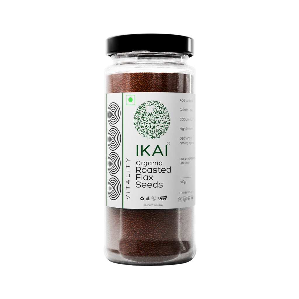 Jar of IKAI organic roasted flax seeds on a white background