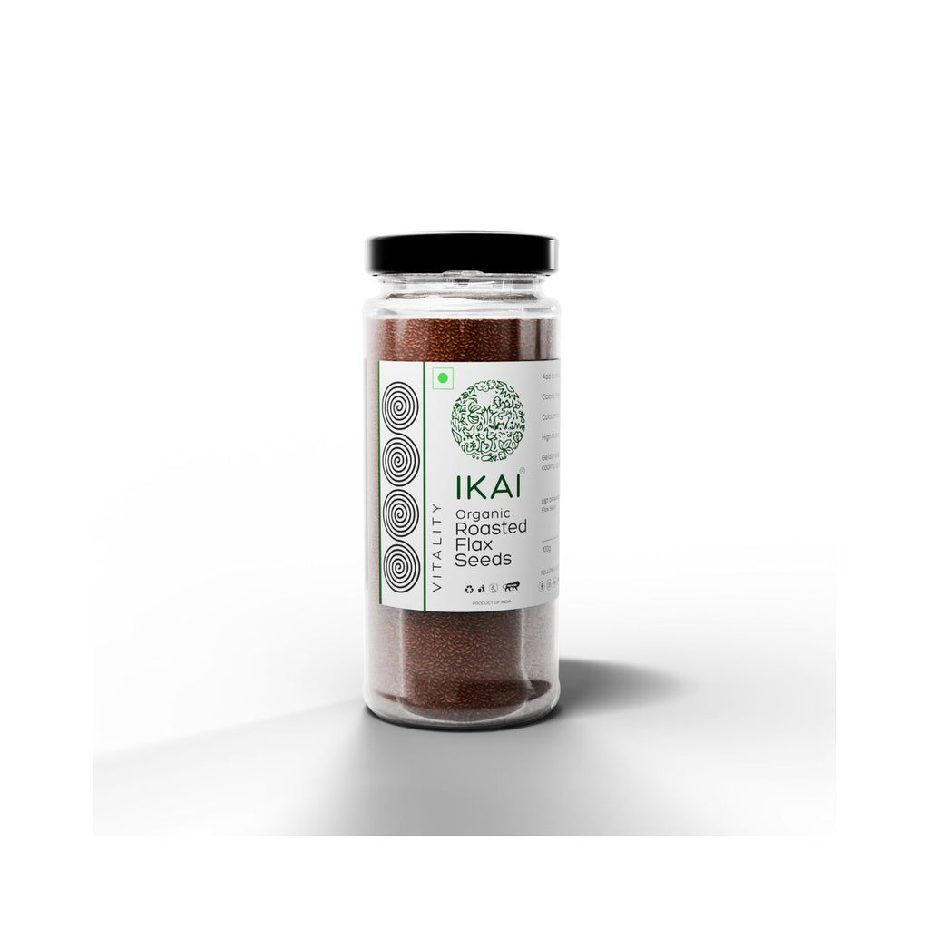 Jar of IKAI organic roasted flax seeds on a white background smaller image