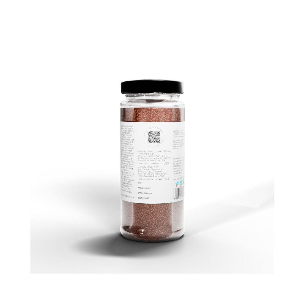 Jar of IKAI organic roasted flax seeds with a label on a white background with manufacturing info