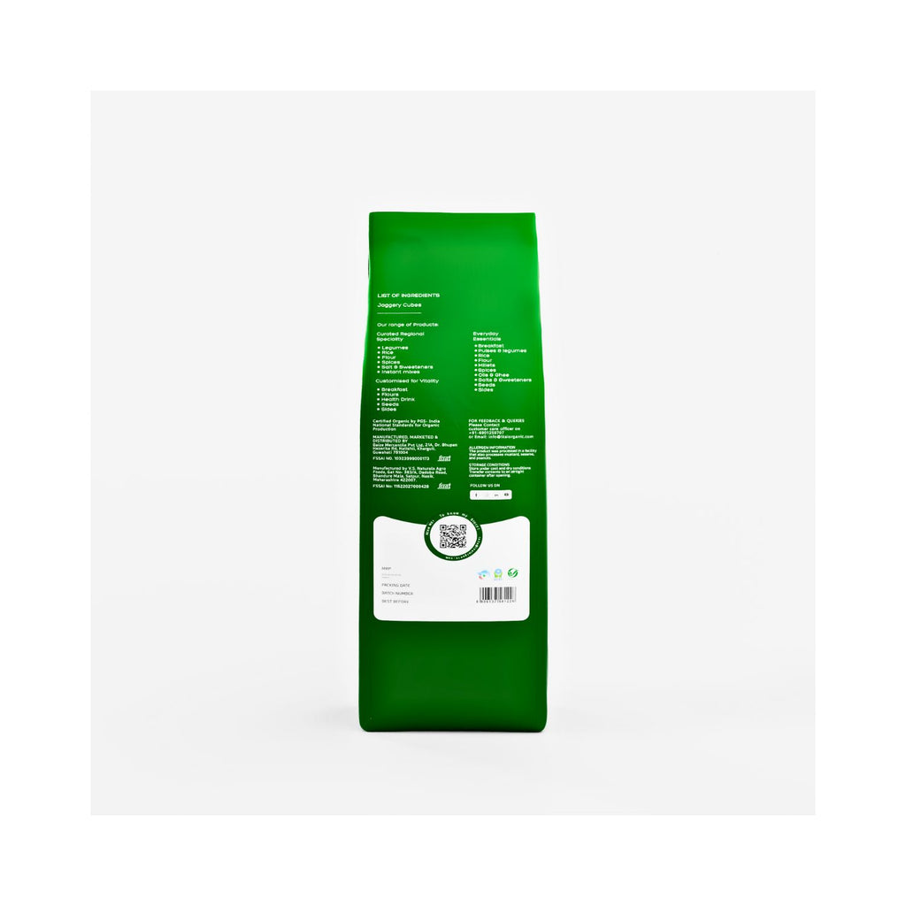 Green bag of IKAI Organic Jaggery Cubes with text and a QR code on a white background