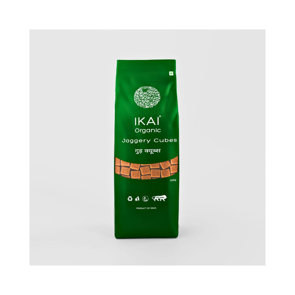Green package of IKAI Organic Jagery Cubes on a white background