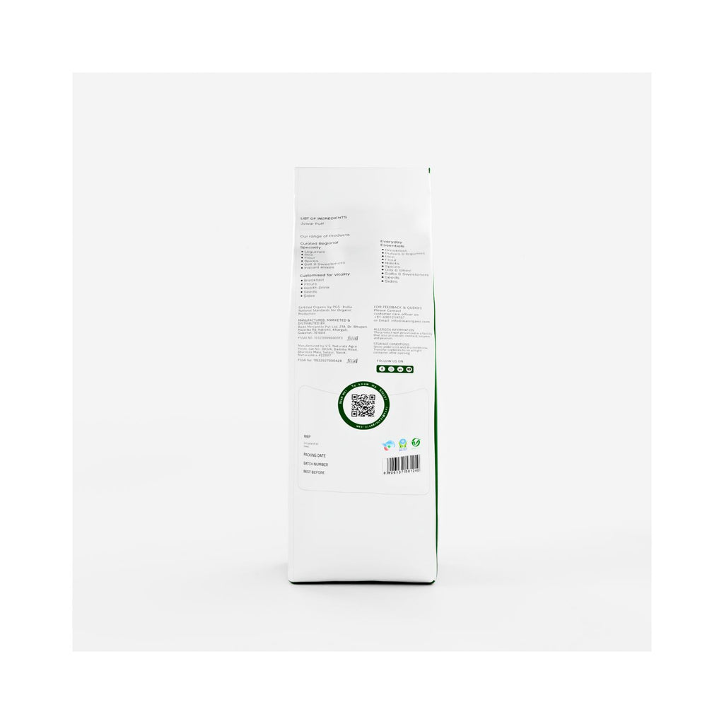 Ikai Organic Jowar Puff product packaging with text and a QR code on a white background