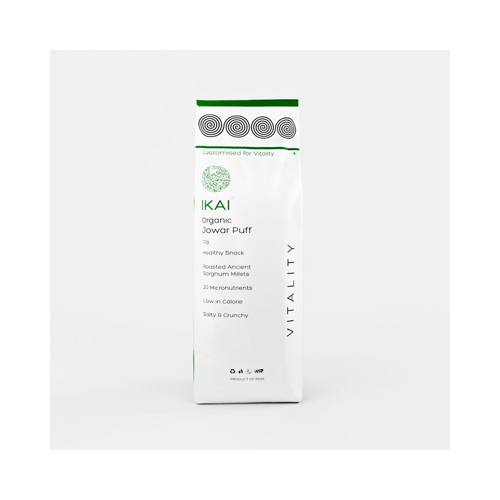Ikai Organic Jowar Puff packaging on a white background front angle