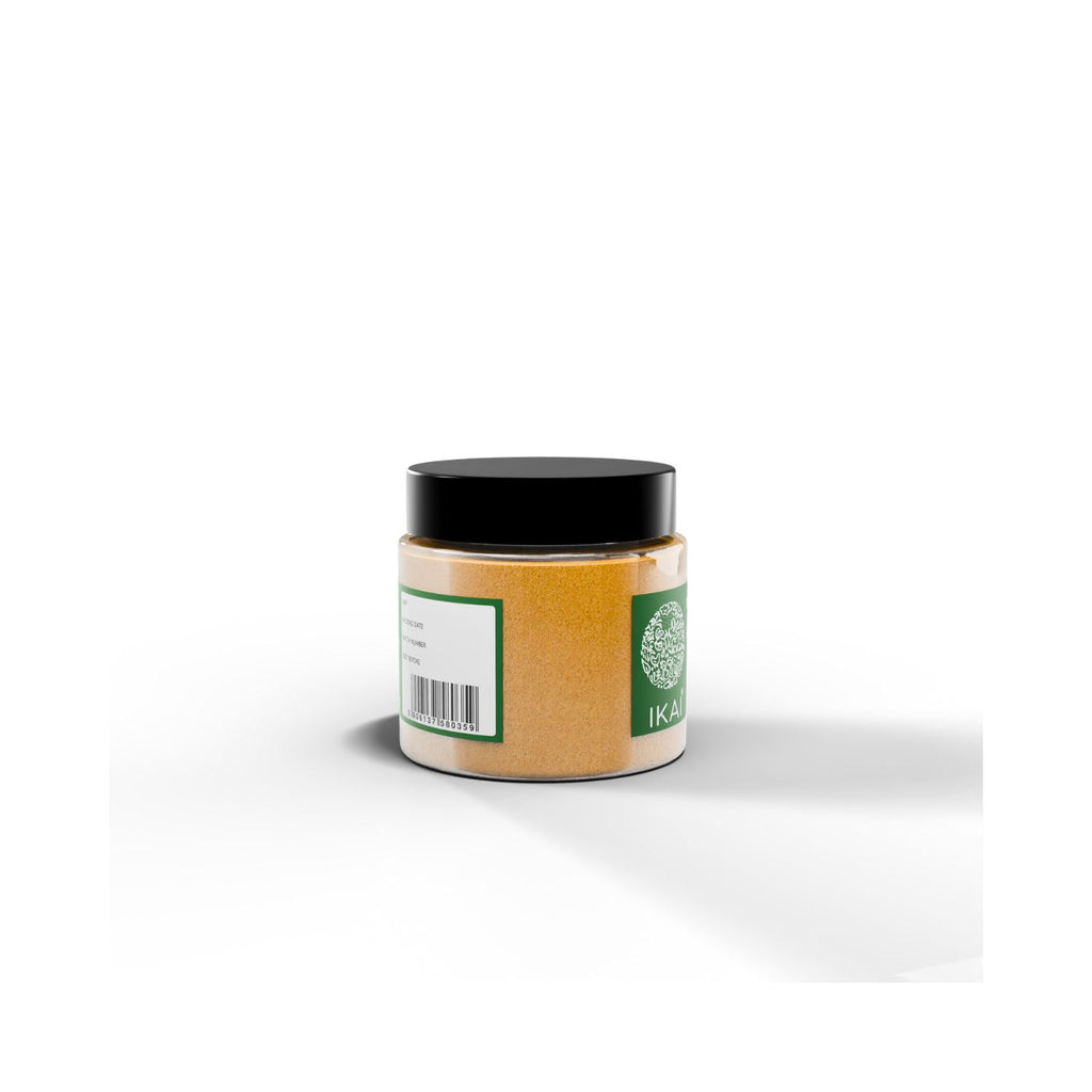 Jar of IKAI Natural Asafoetida with a green label on a white background showing barcode