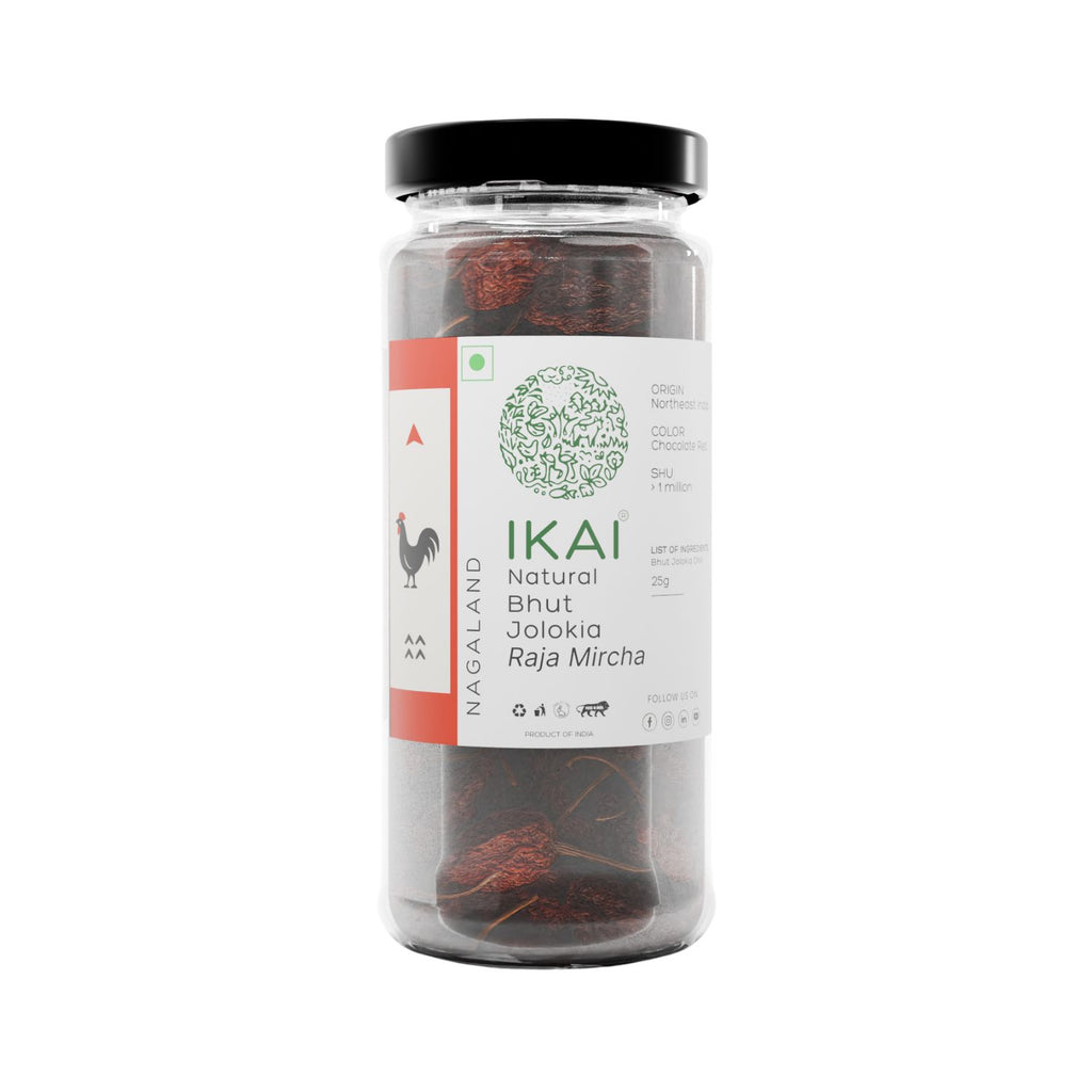 Jar of IKAI natural bhut jolokia with a white label on a white background