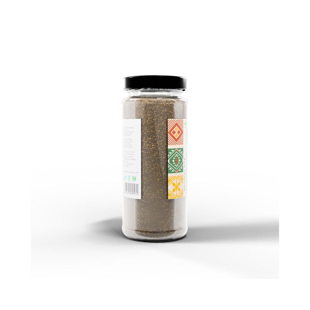 Jar of IKAI natural black pepper powder  with a label on a white background showing barcode
