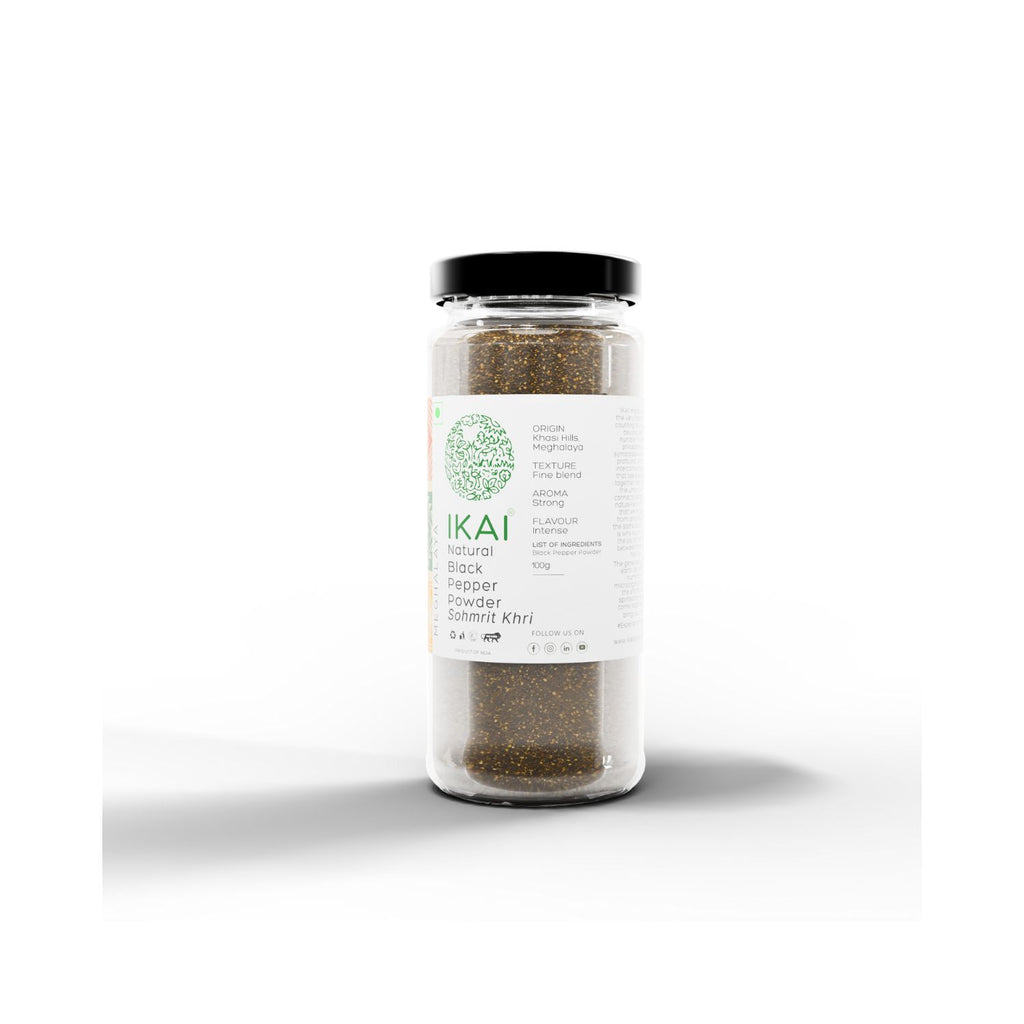 Jar of pepper powder with 'Ikai' label on a white background showing product origins