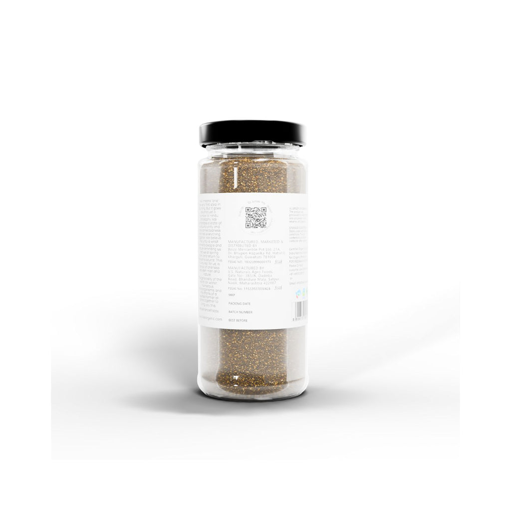 Jar of IKAI natural black pepper powder  with a white label on a white background showing manufacturer info