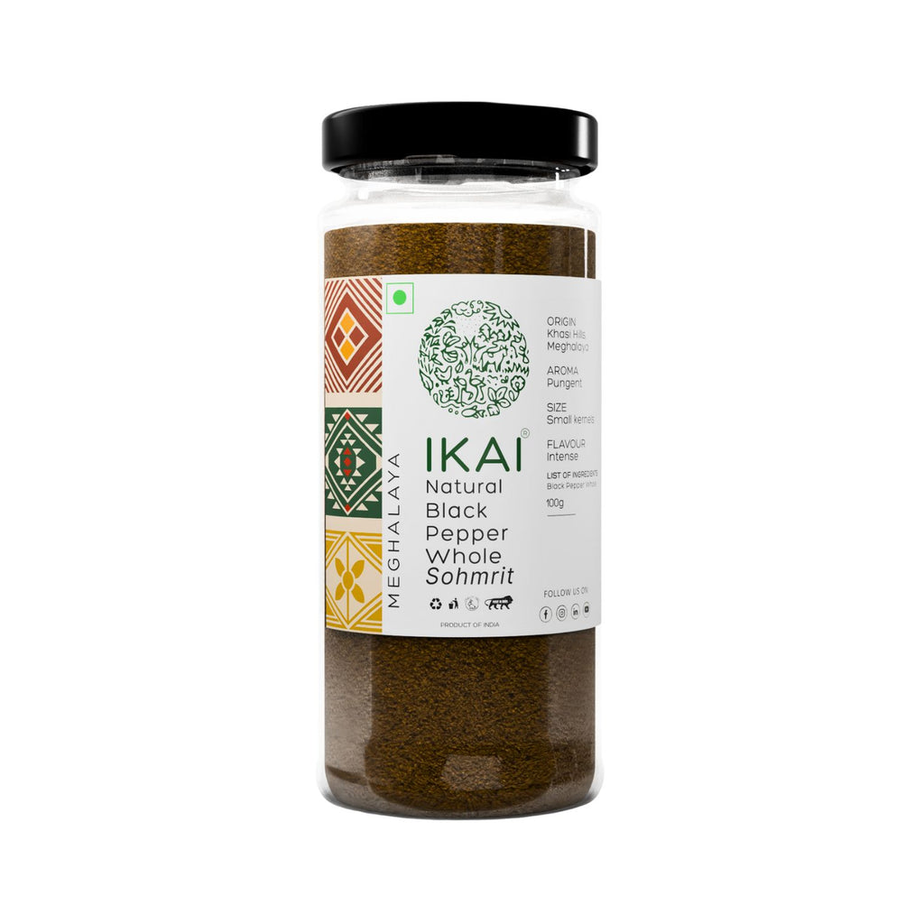 Jar of IKAI Natural Black Pepper Whole Sohmrit with a white label on a white background