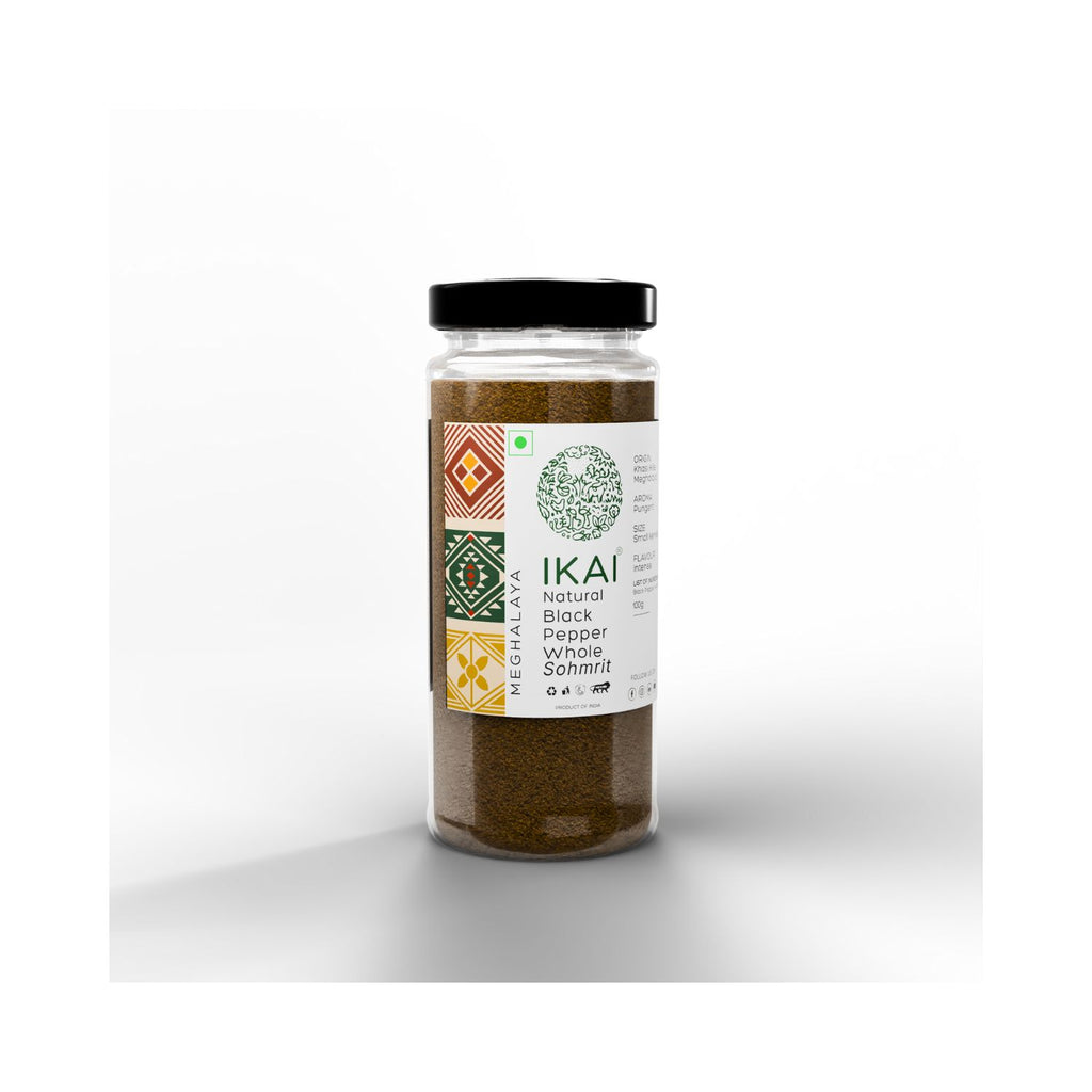 Jar of IKAI black pepper on a white background