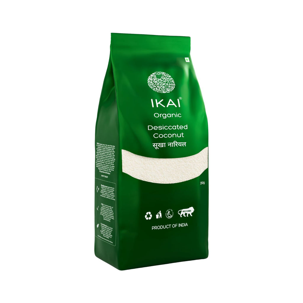 Green package of Ikai Organic Desiccated Coconut on a white background