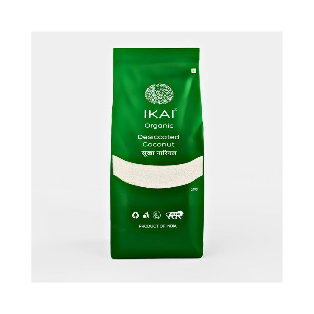 Green package of IKAI Organic Desiccated Coconut on a white background front angle