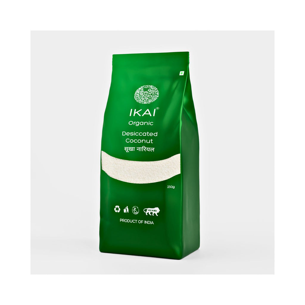 Green package of IKAI Organic Desiccated Coconut on a white background side angle