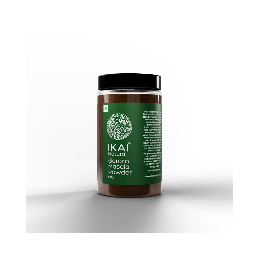 Jar of IKAI Natural Garam Masala powder on a white background