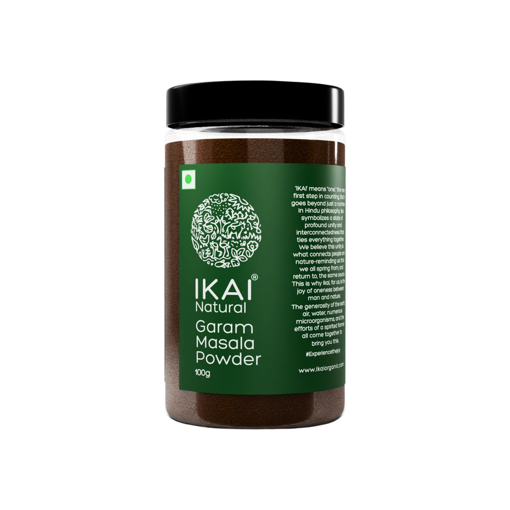 Jar of IKAI Natural Garam Masala Powder on a white background