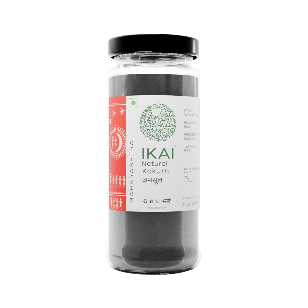 Jar of IKAI natural kokum with black lid on a white background
