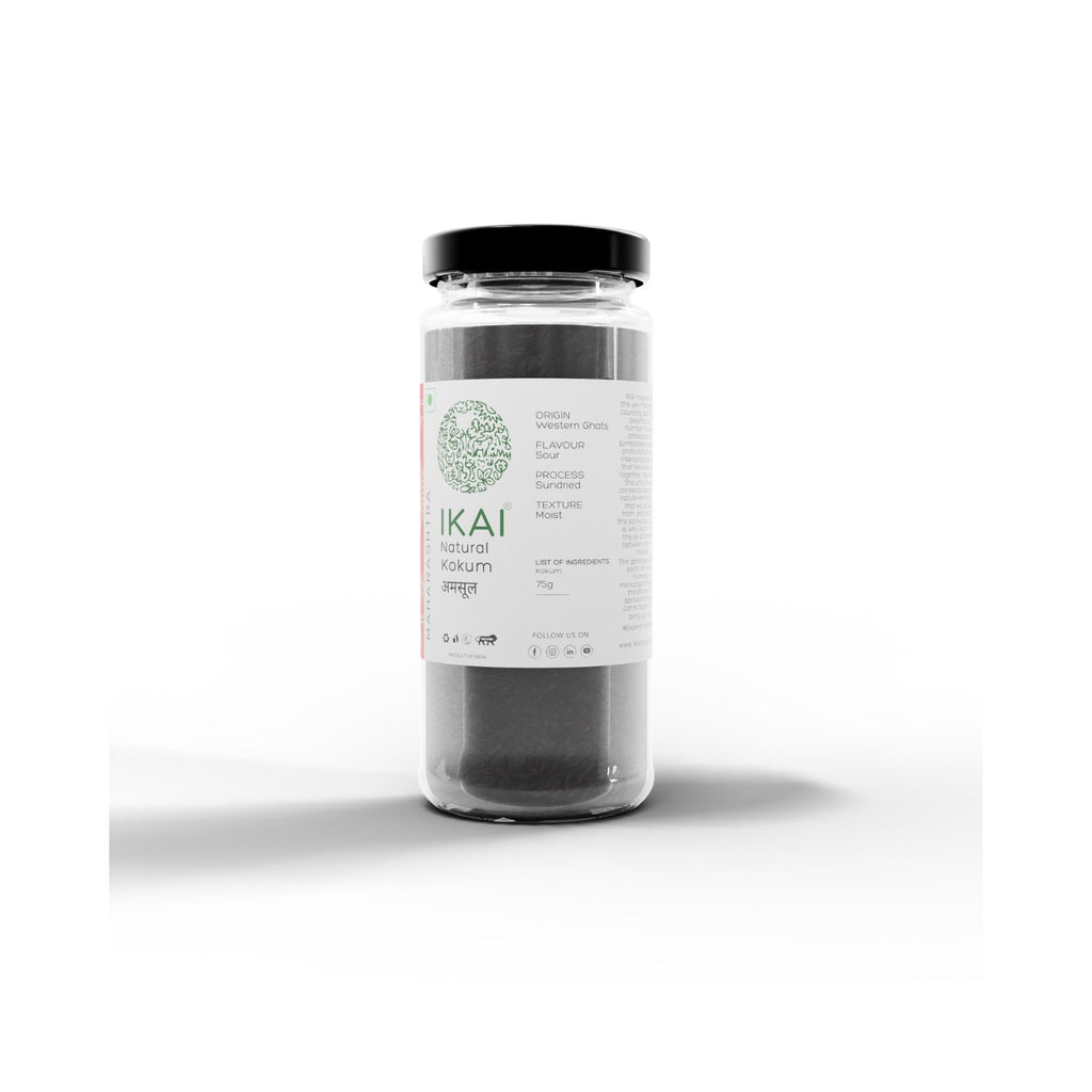 Jar of IKAI natural kokum with product origin on the label on a white background