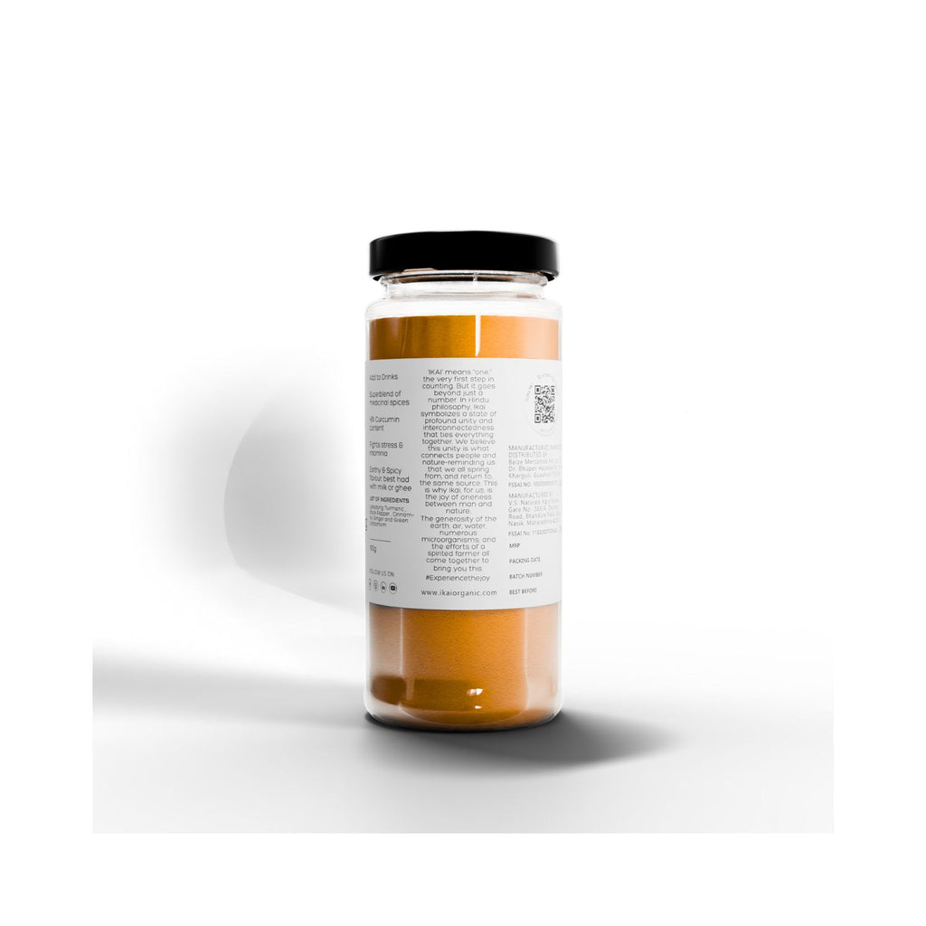 Jar of IKAI Natural Lakadong Turmeric Latte with a label on a white background with text about IKAI meaning