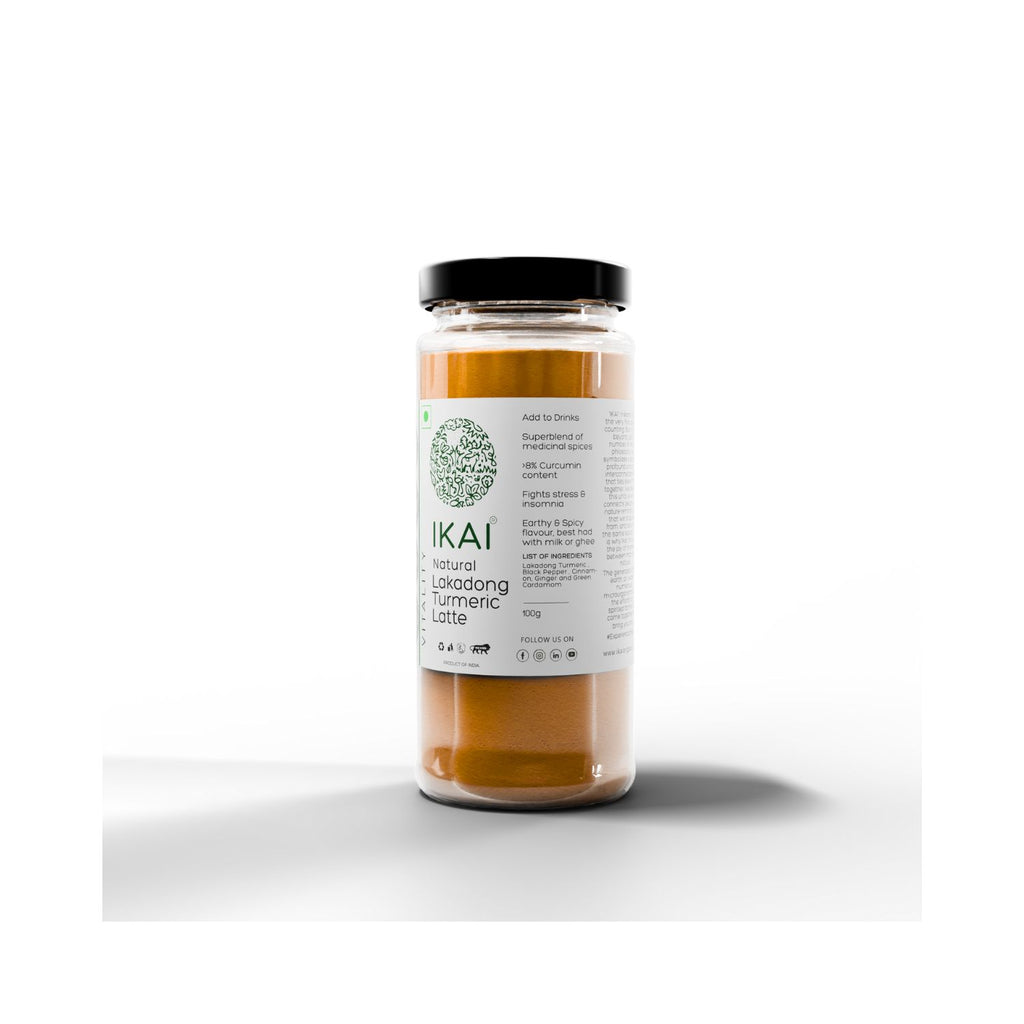Jar of IKAI Natural Lakadong Turmeric Latte on a white background with text about usage