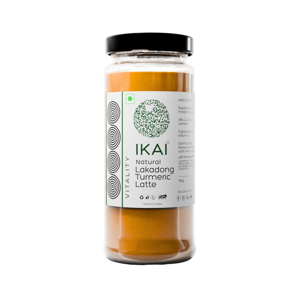 Jar of IKAI Natural Lakadong Turmeric Latte on a white background