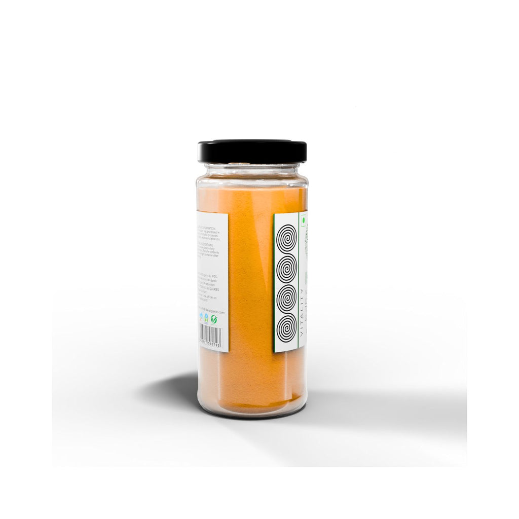 Jar of IKAI Natural Lakadong Turmeric Latte with a black lid on a white background