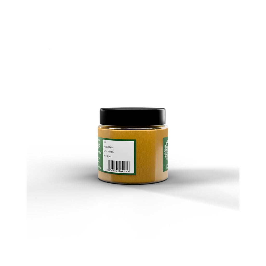 Jar of IKAI natural mango powder with barcode on a green label on a white background