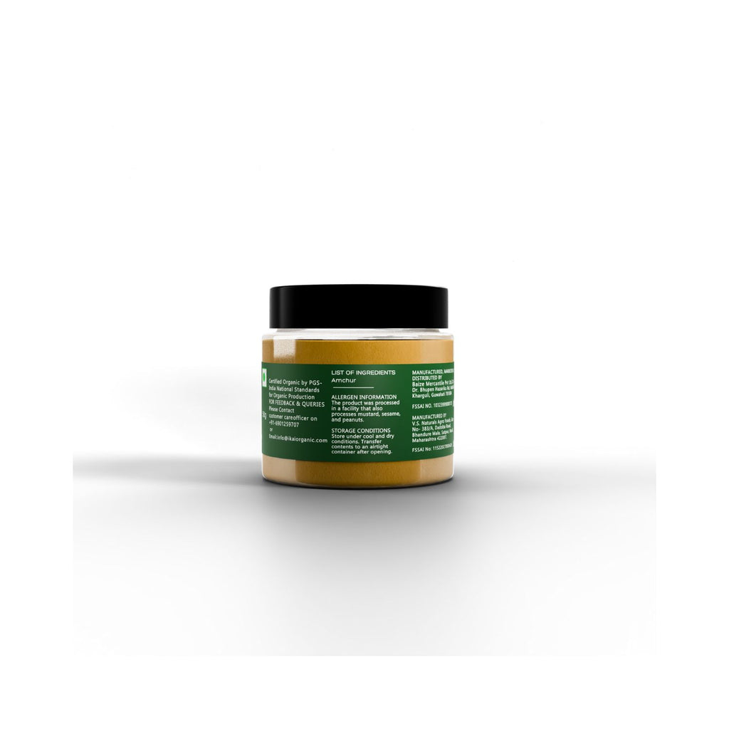 Jar of IKAI natural mango powder with allergen info on a green label on a white background