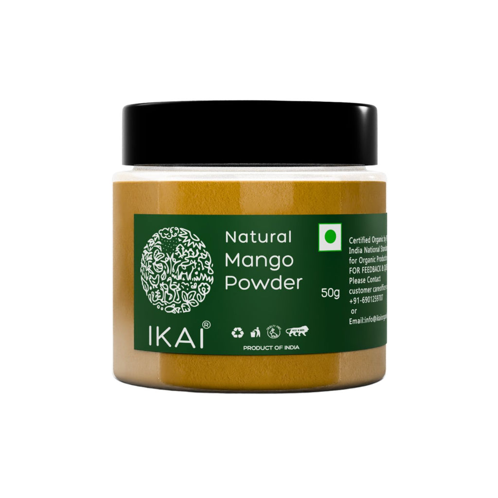 Jar of IKAI natural mango powder with green label and black lid on a white background