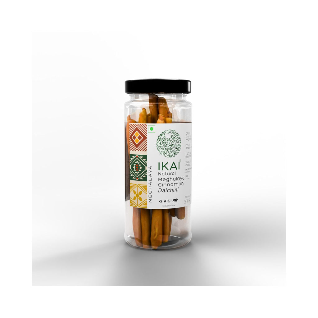 Jar of IKAI Meghalaya Cinnamon on a white background different angle
