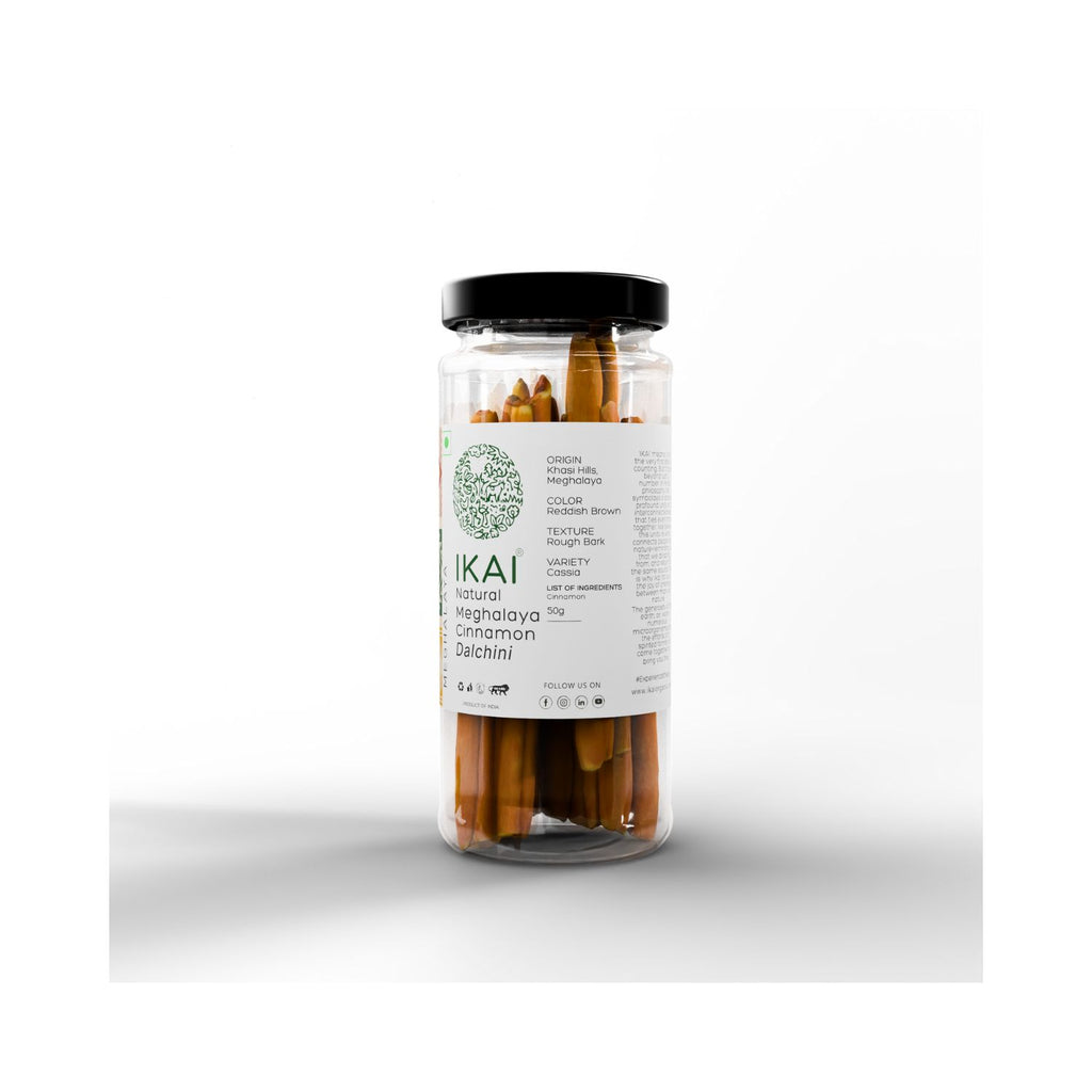 Jar of IKAI Meghalaya Cinnamon on a white background with text showing product origins