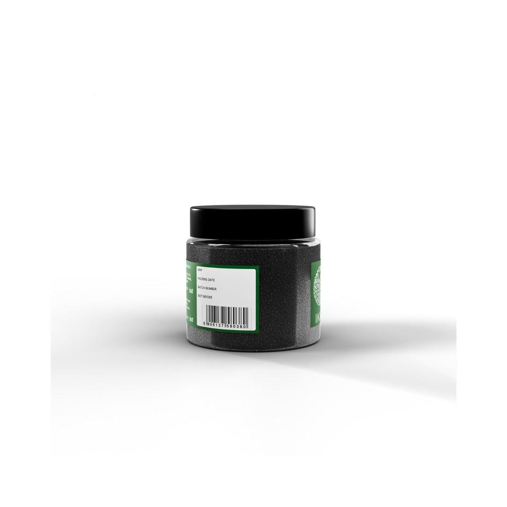 Jar with a black lid and a barcode with a green label on a white background