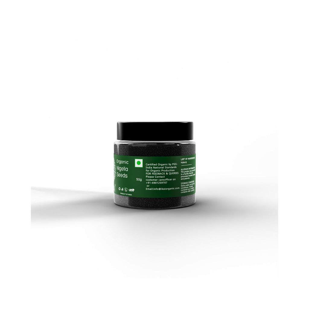 Jar of organic nigella seeds with IKAI branding with organic certification on a green label on a white background
