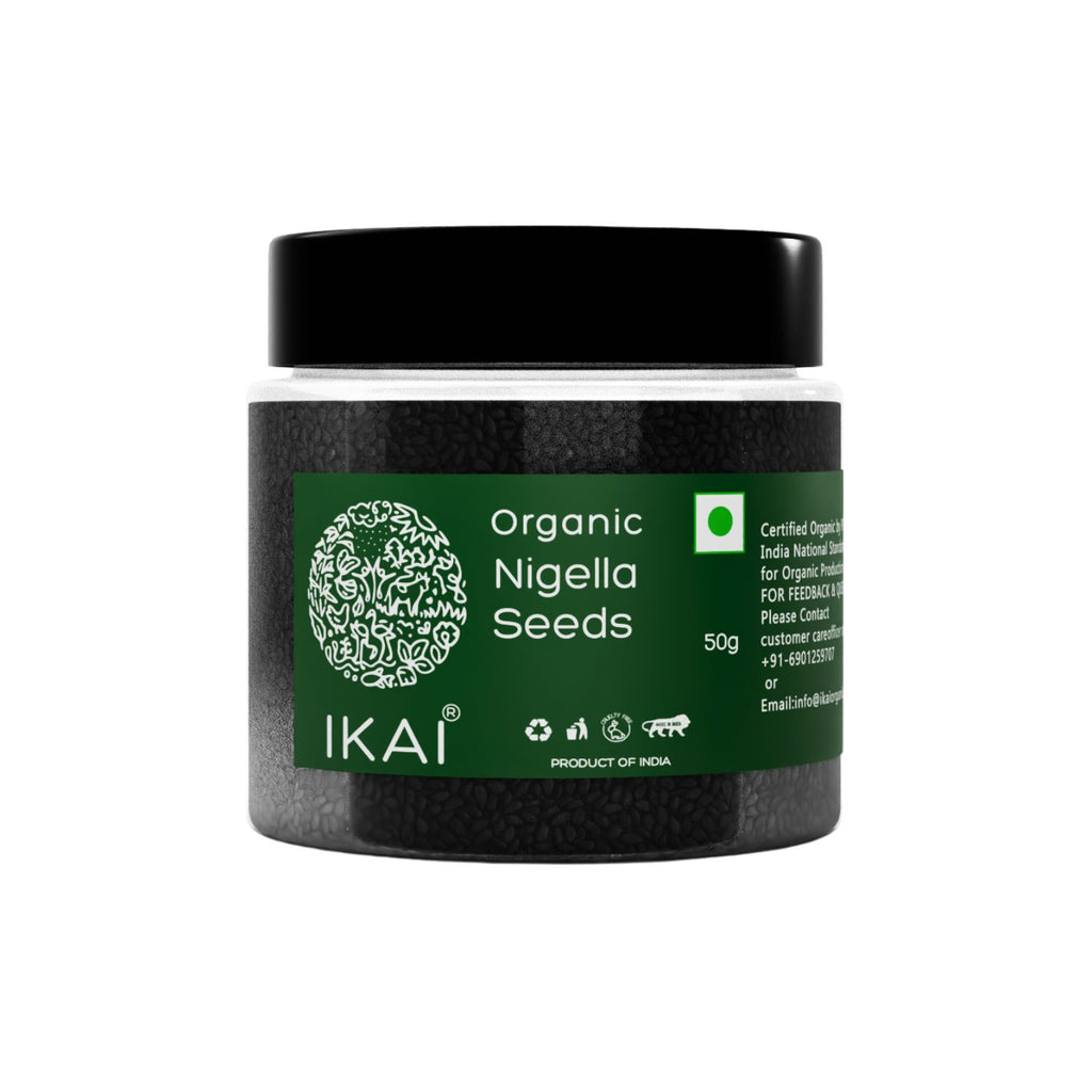 Jar of organic nigella seeds with IKAI branding on a white background