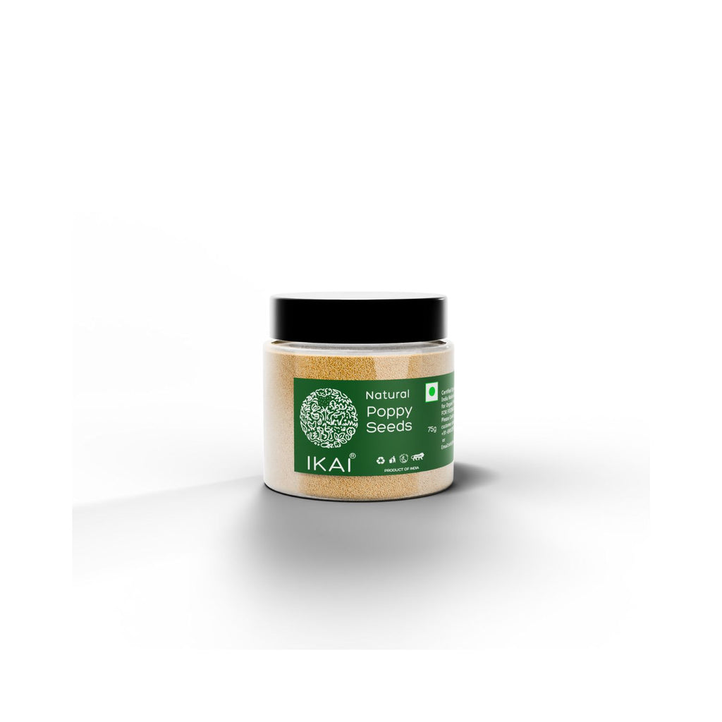 Jar of natural poppy seeds with IKAI branding on a white background smaller image