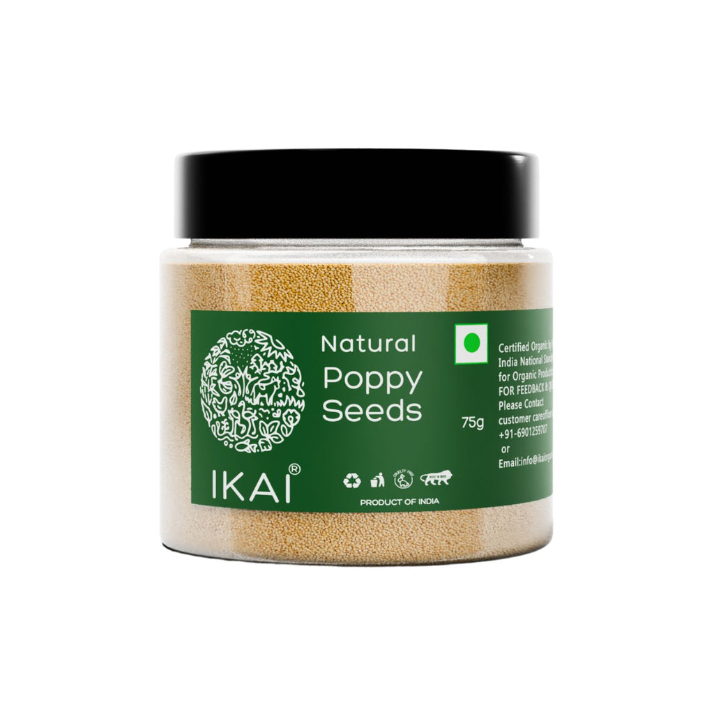 Jar of natural poppy seeds with IKAI branding on a white background