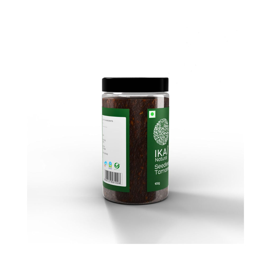 Jar of IKAI Natural Seedless Tamarind with barcode on the jar on a white background
