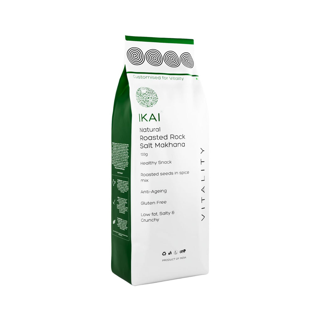 Ikai natural roasted rock salt makhana packaging on a white background