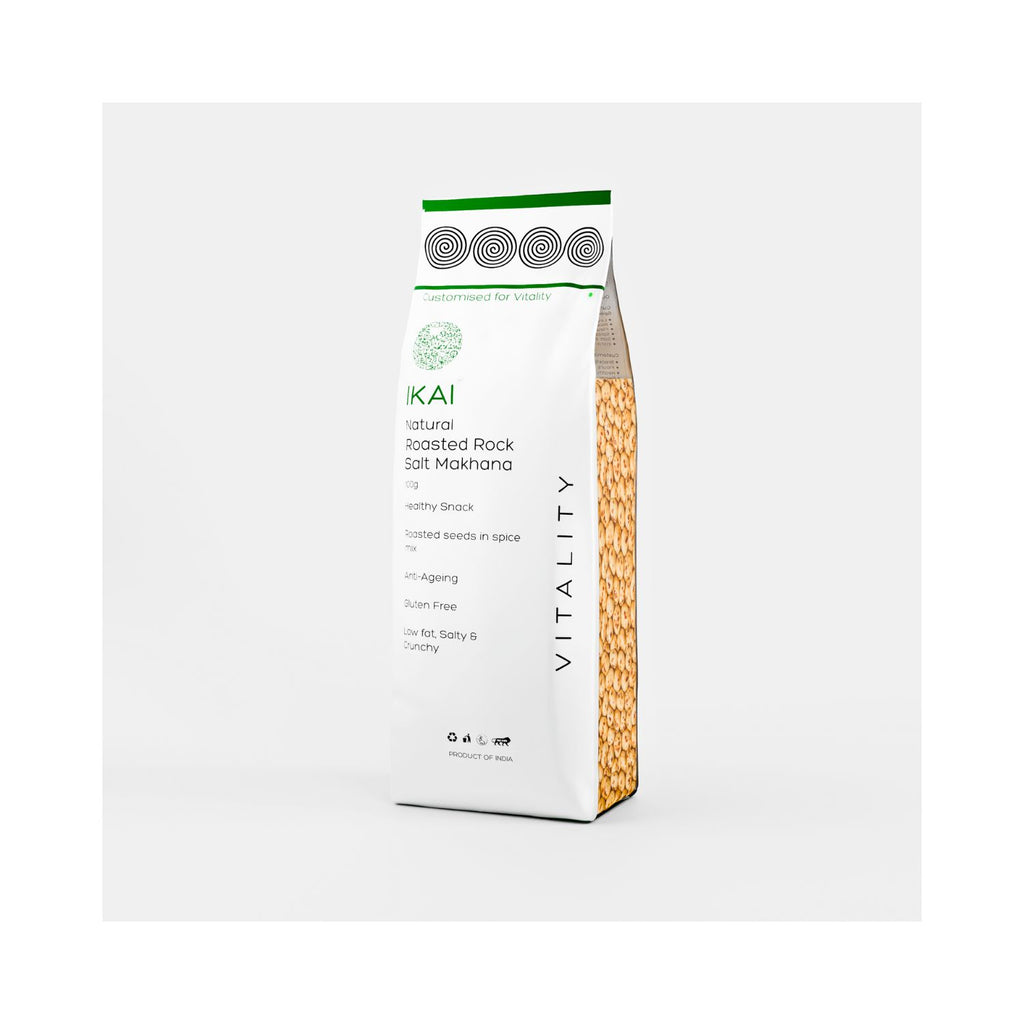 Pack of Ikai natural roasted rock salt makhana on a white background different angle