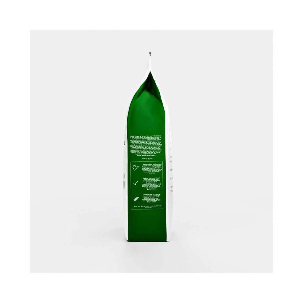 Green product packaging of Ikai natural roasted rock salt makhana with text on a white background