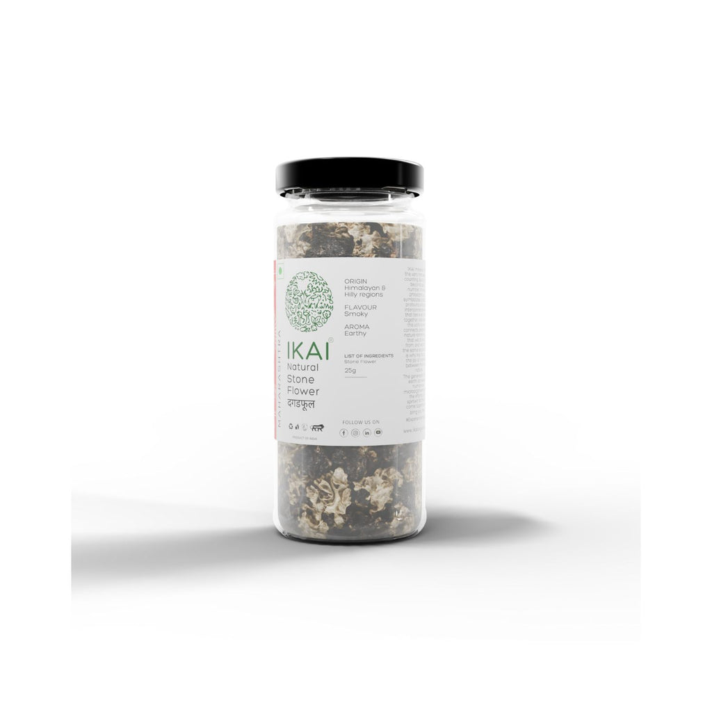 Jar of IKAI Natural Stone Flower with origin info on a white background