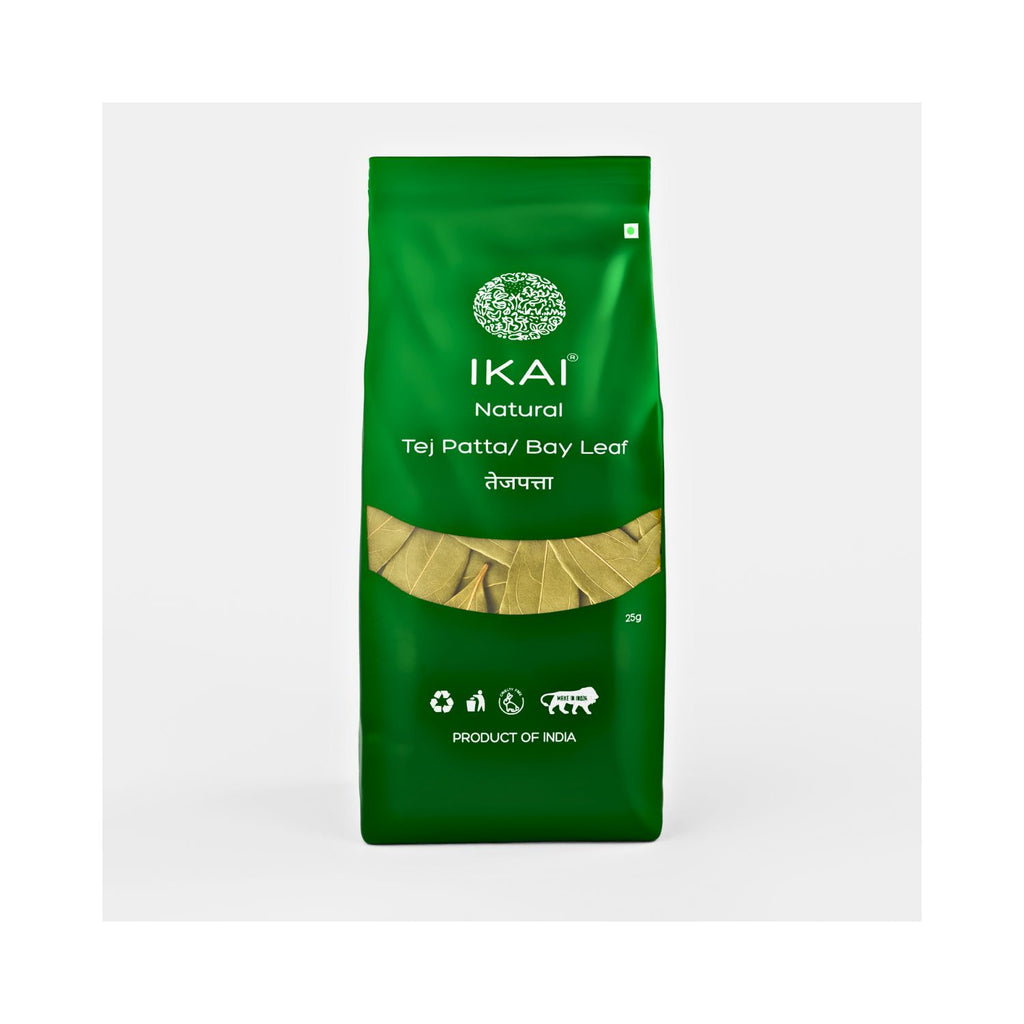 Green package of IKAI Tej Patta Bay Leaf on a white background front angle