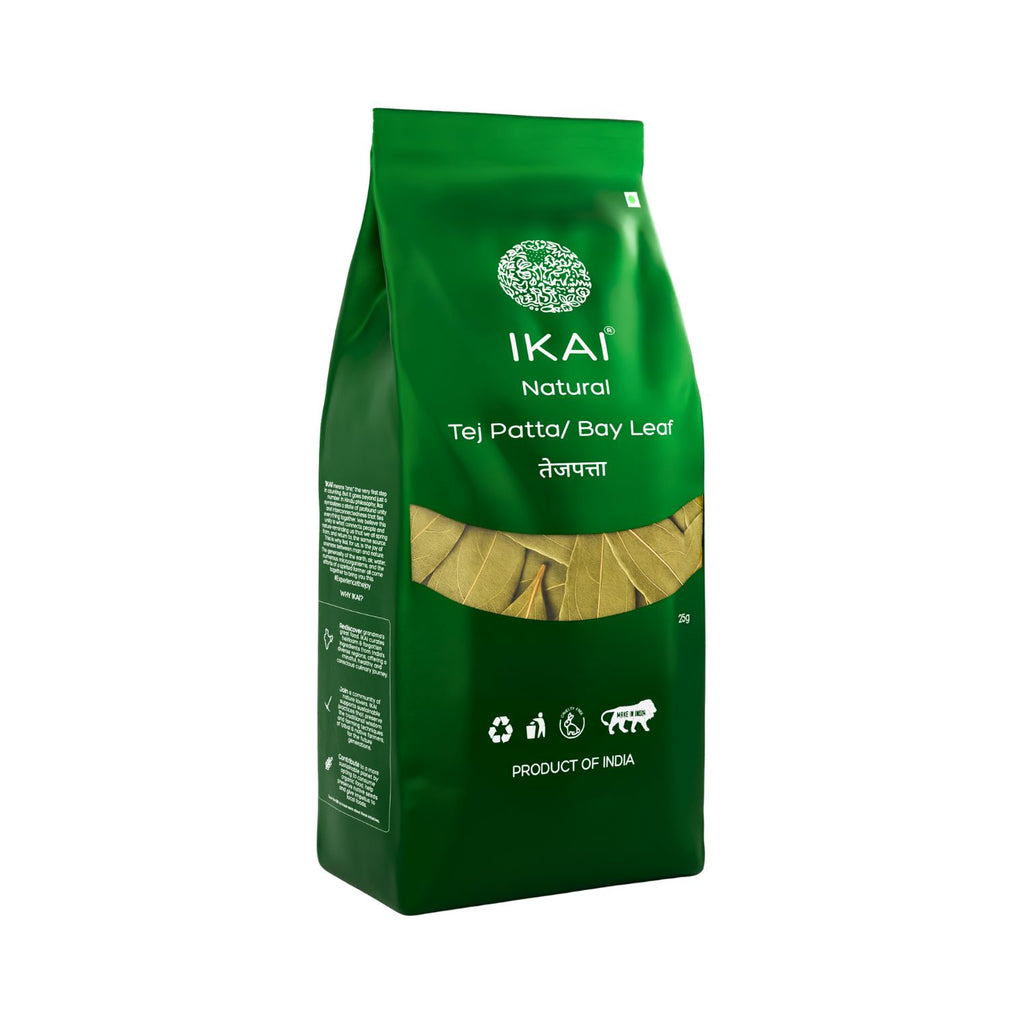 Green package of IKAI Tej Patta Bay Leaf on a white background