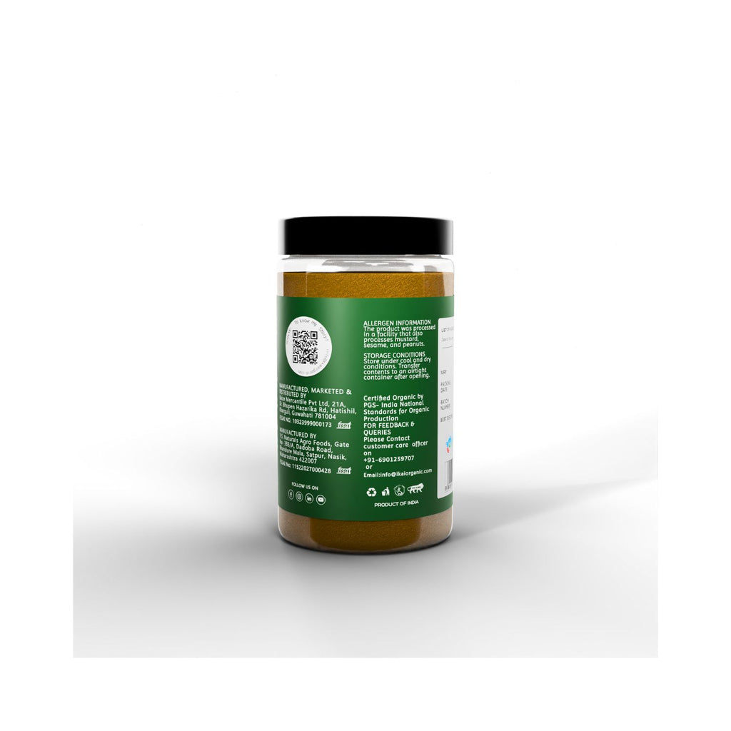 Jar with a green label with allergen information on a white background