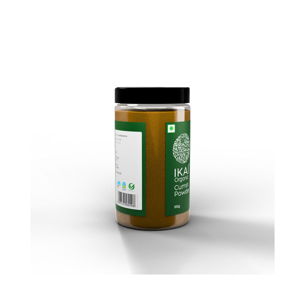 Jar of Ikai Organic Cumin Powder on a white background