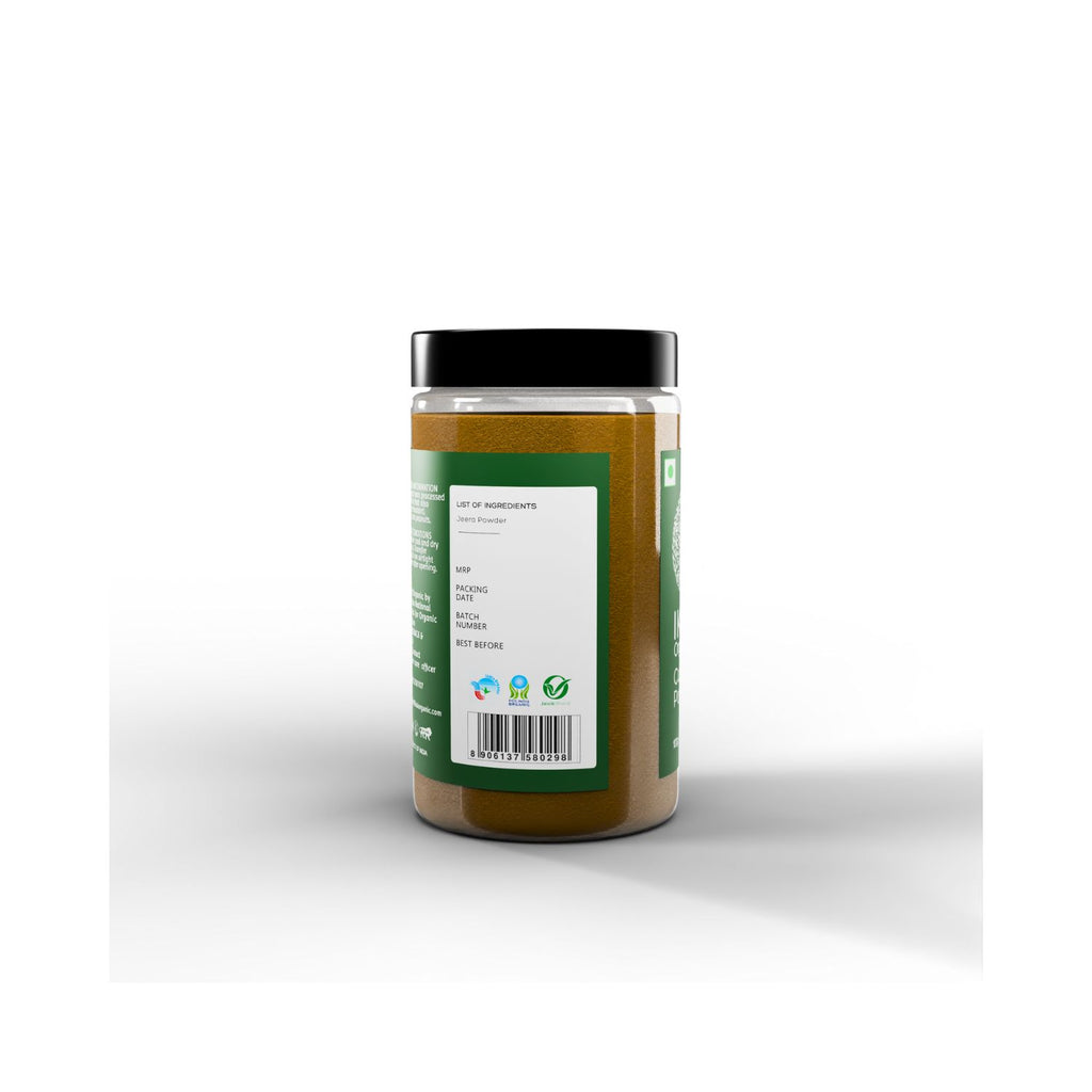 Jar of Ikai cumin powder with a label on a white background