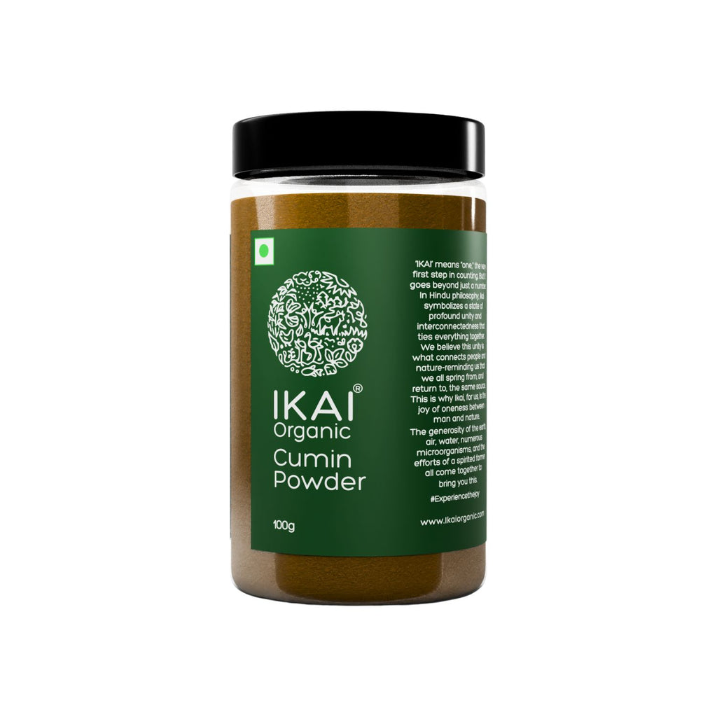 Jar of IKAI Organic Cumin Powder on a white background
