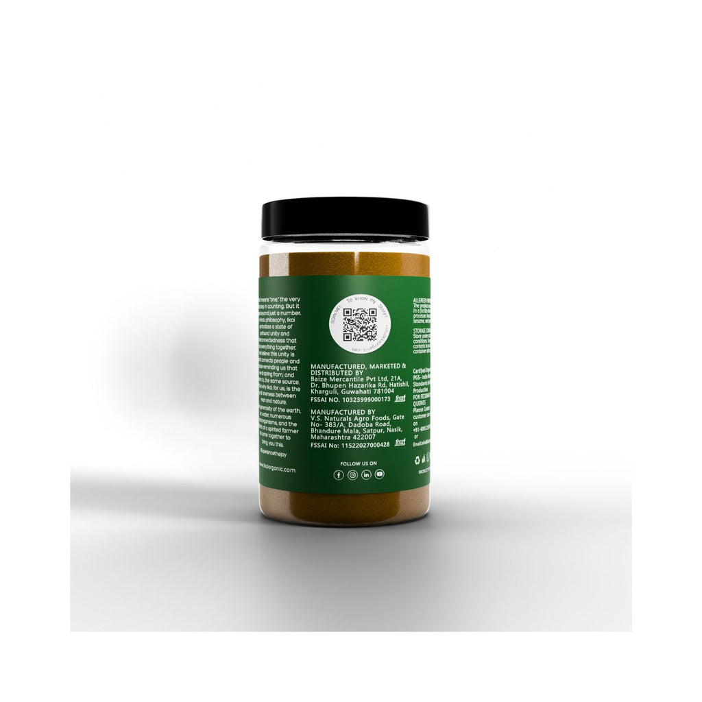 Jar with green label with manufacturing info on a white background