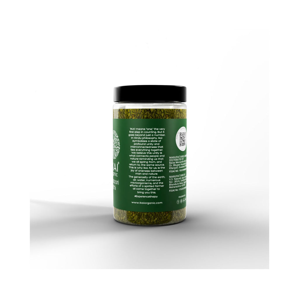 Jar of IKAI Organic Kasoori Methi on a white background with text about what IKAI means