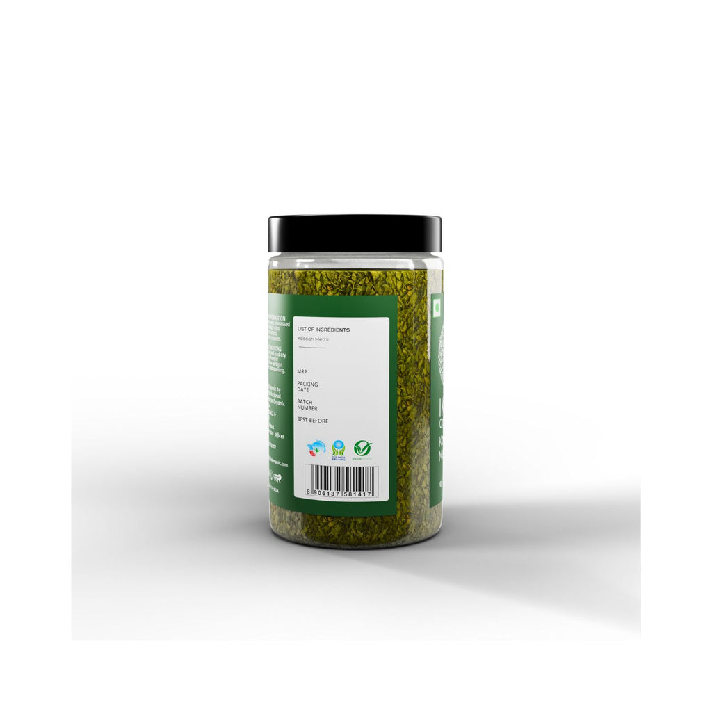 Jar of IKAI Organic Kasoori Methi on a white background with barcode shown
