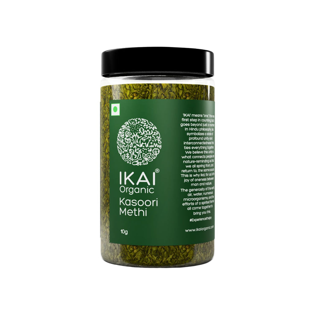 Jar of IKAI Organic Kasoori Methi on a white background